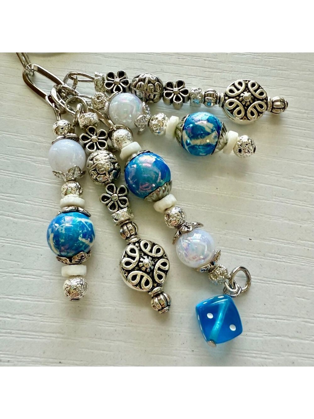 (34)Blue Dice #2 Handmade Bag Charm Keychain One of a Kind Crystal Accessory NWT